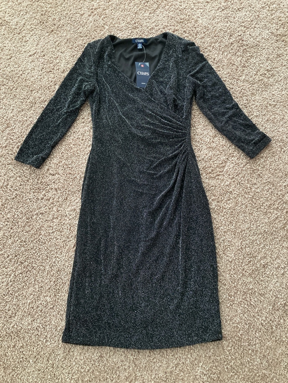 Chaps Lux Black Metallic Ruched V-Neck Long-Sleeve Dress, NWT, sz. 4